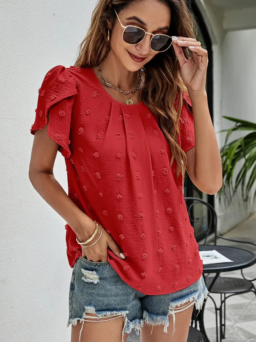 Swiss Dot Round Neck Petal Sleeve Top, image 17