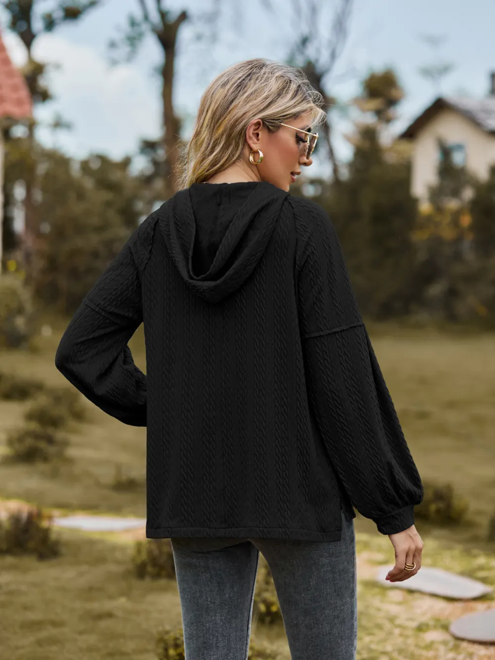 Cable-Knit Dropped Shoulder Hoodie, image 8