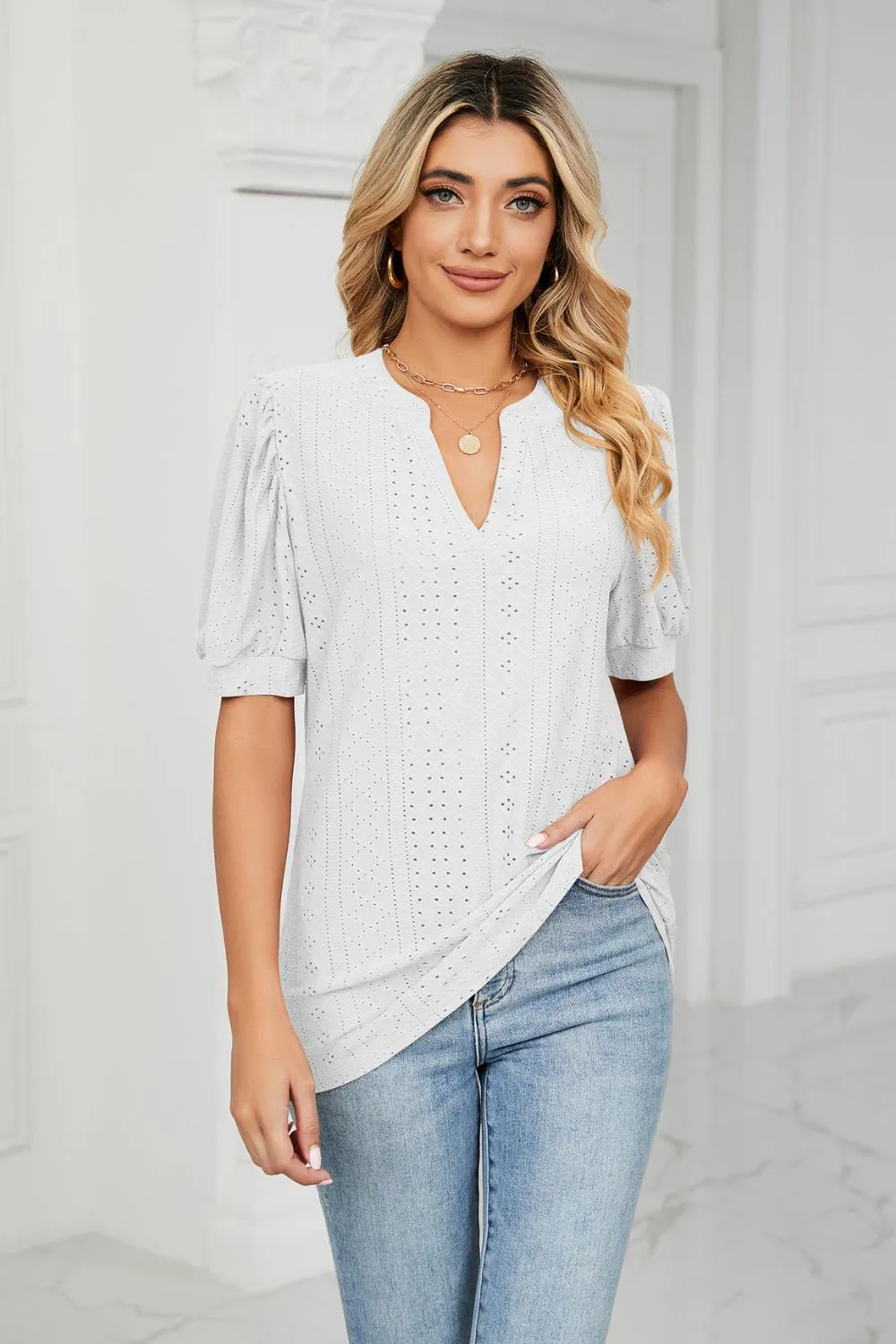 Eyelet Short Puff Sleeve Notched Neck Top, image 6