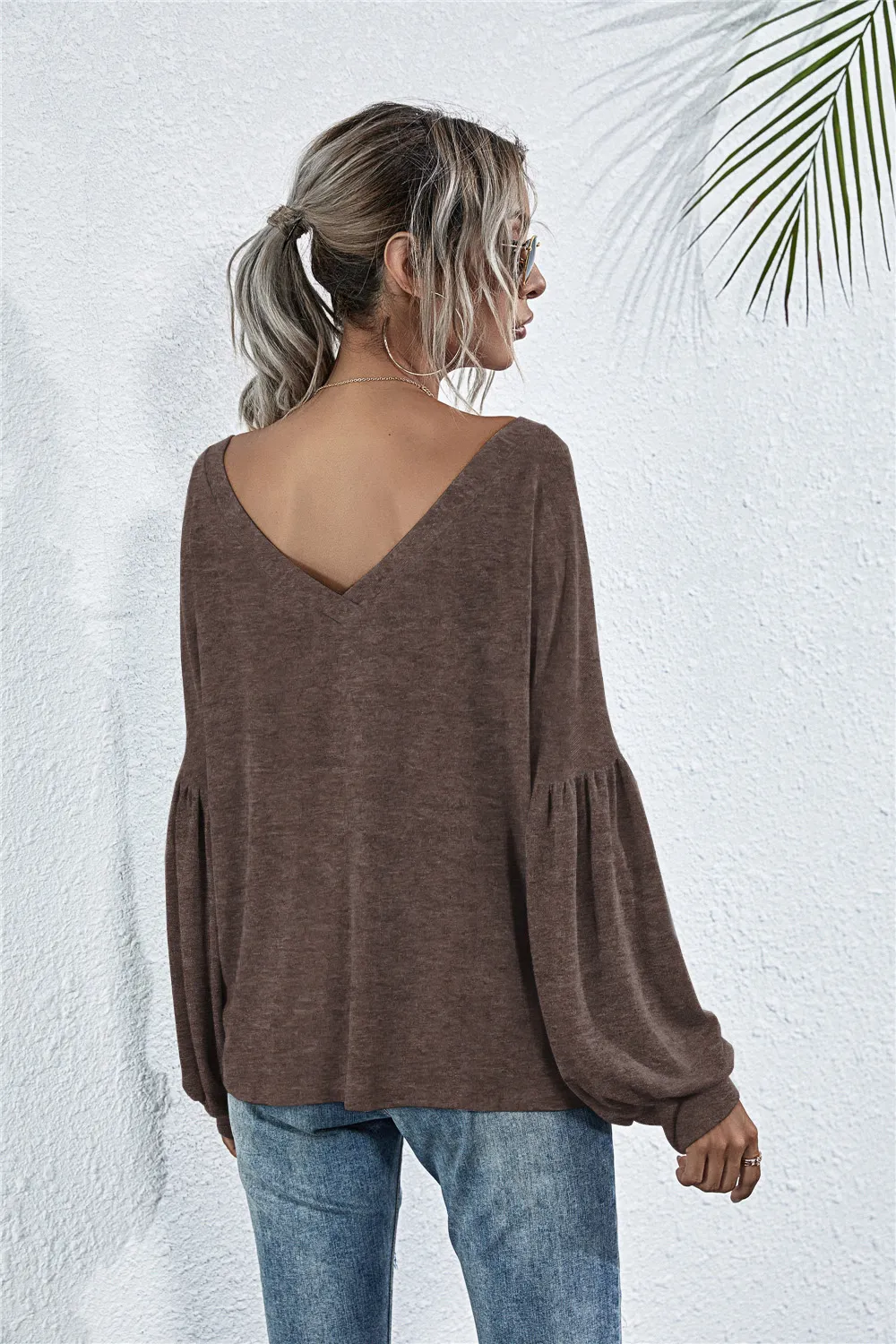 V-Neck Long Sleeve Dropped Shoulder Knit Top, image 8