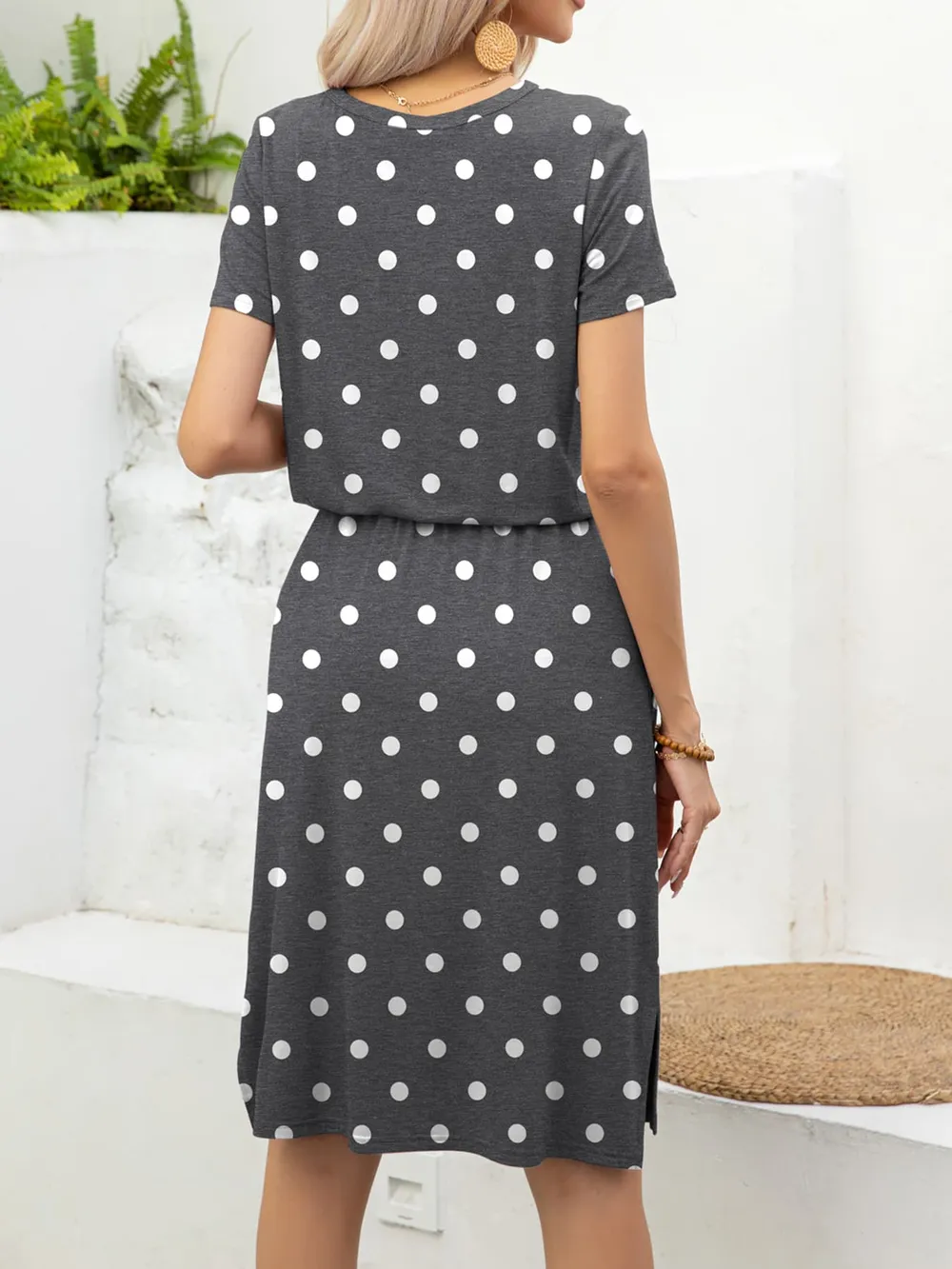 Round Neck Short Sleeve Slit Dress with Pockets, image 17