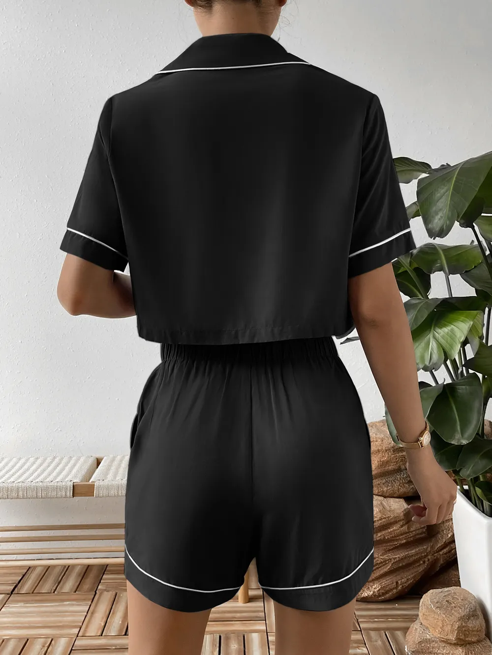 Contrast Lapel Collar Cropped Shirt and Shorts Lounge Set, image 9