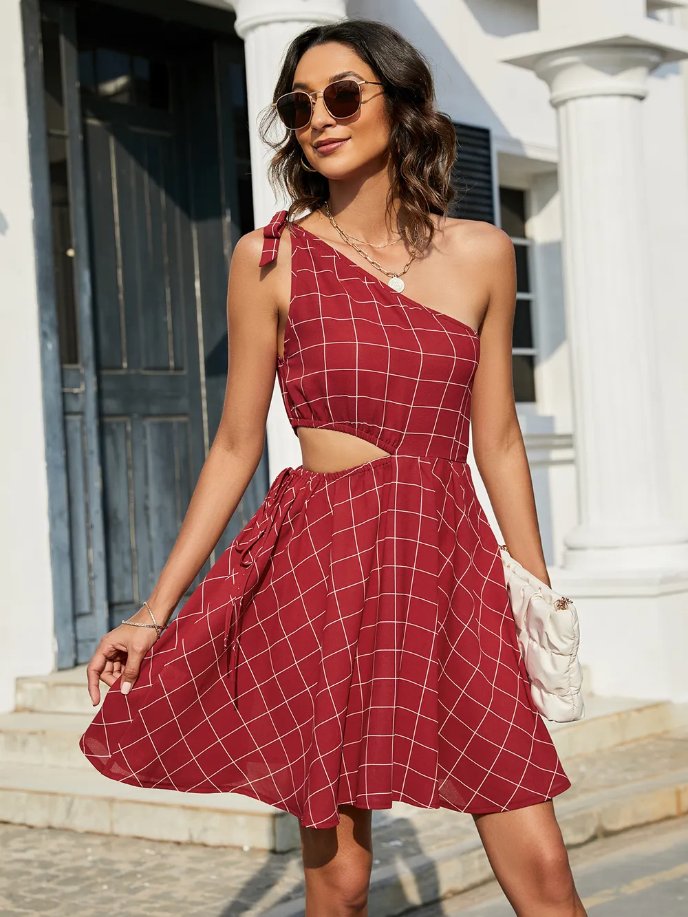 Grid One-Shoulder Tied Cutout Dress, image 12