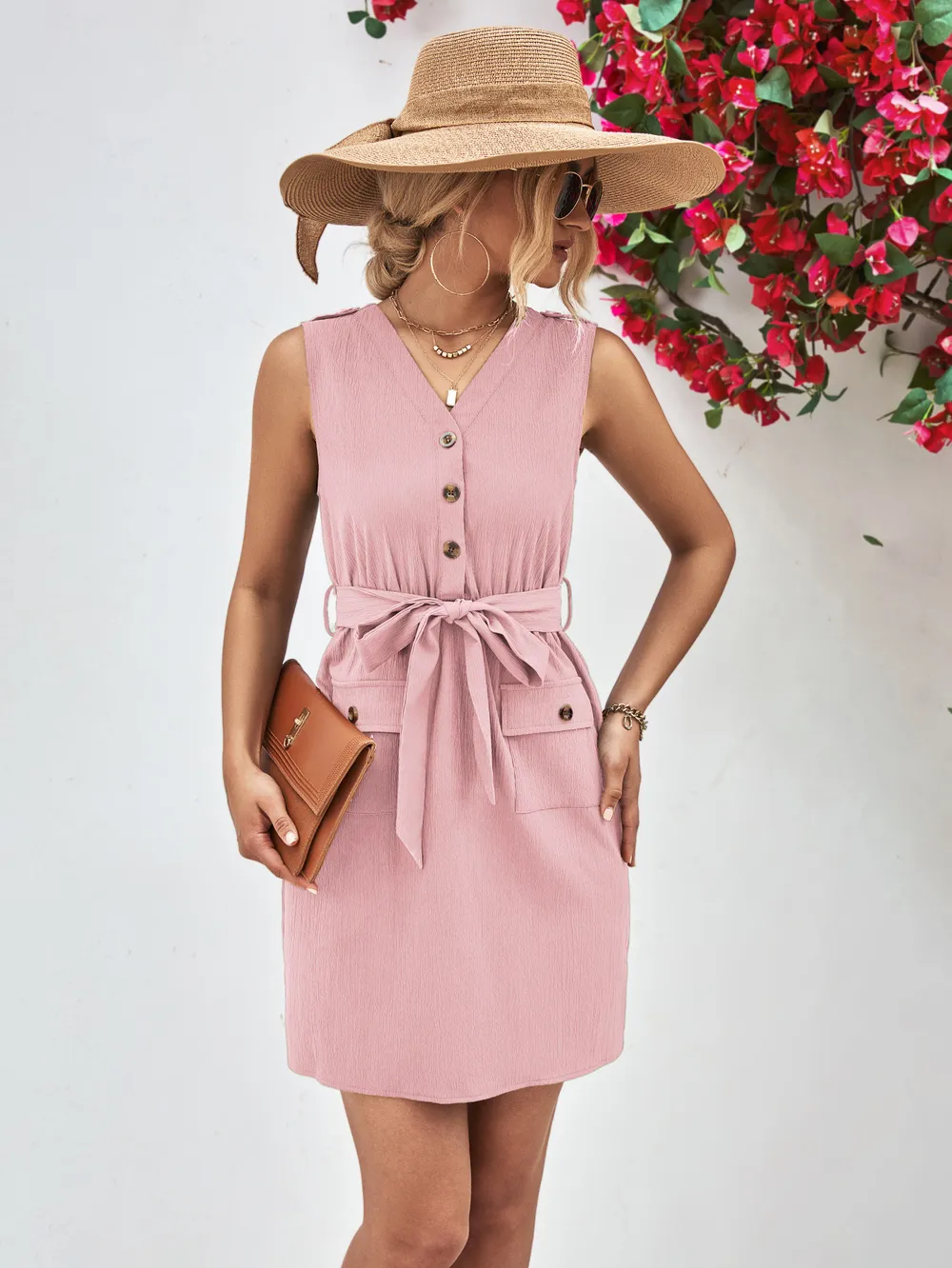 Buttoned V-Neck Belted Sleeveless Dress, image 9