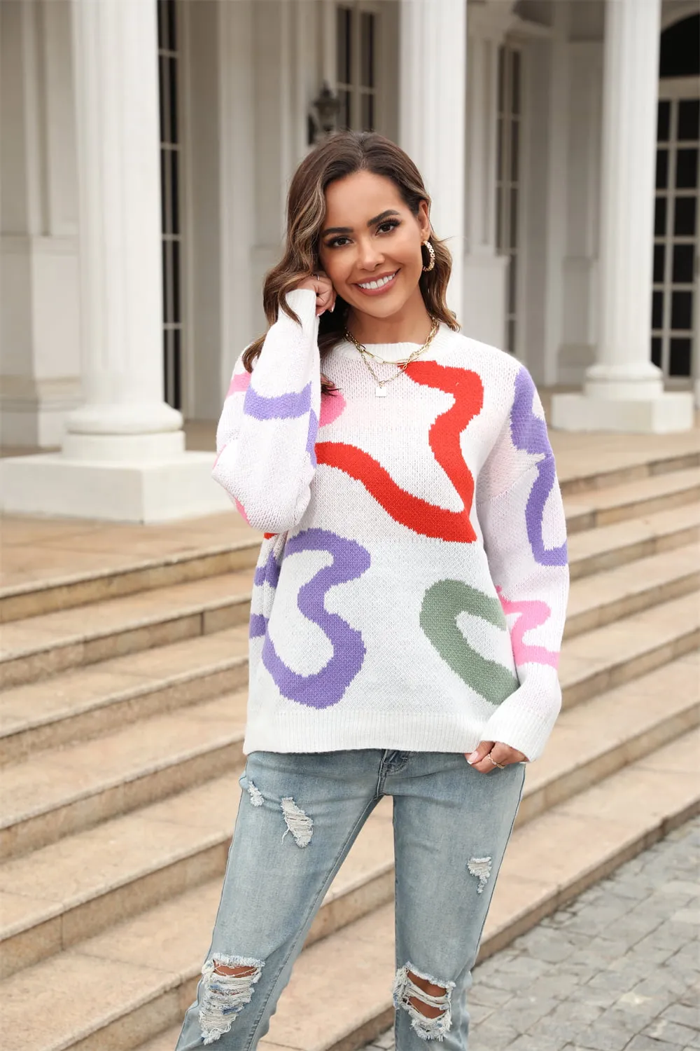 Printed Round Neck Dropped Shoulder Pullover Sweater, image 4