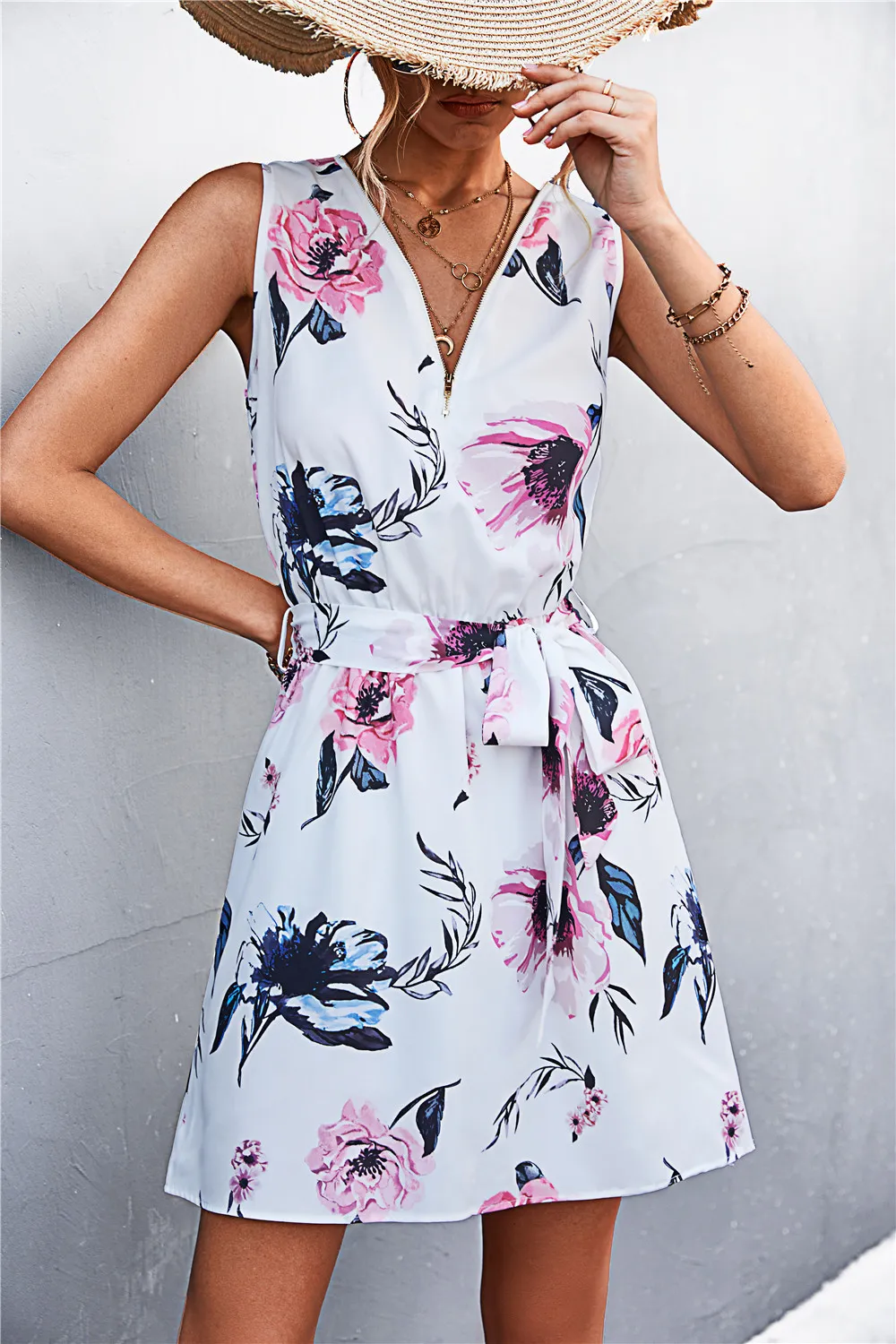 Printed Zip Detail Belted Sleeveless Dress, image 29