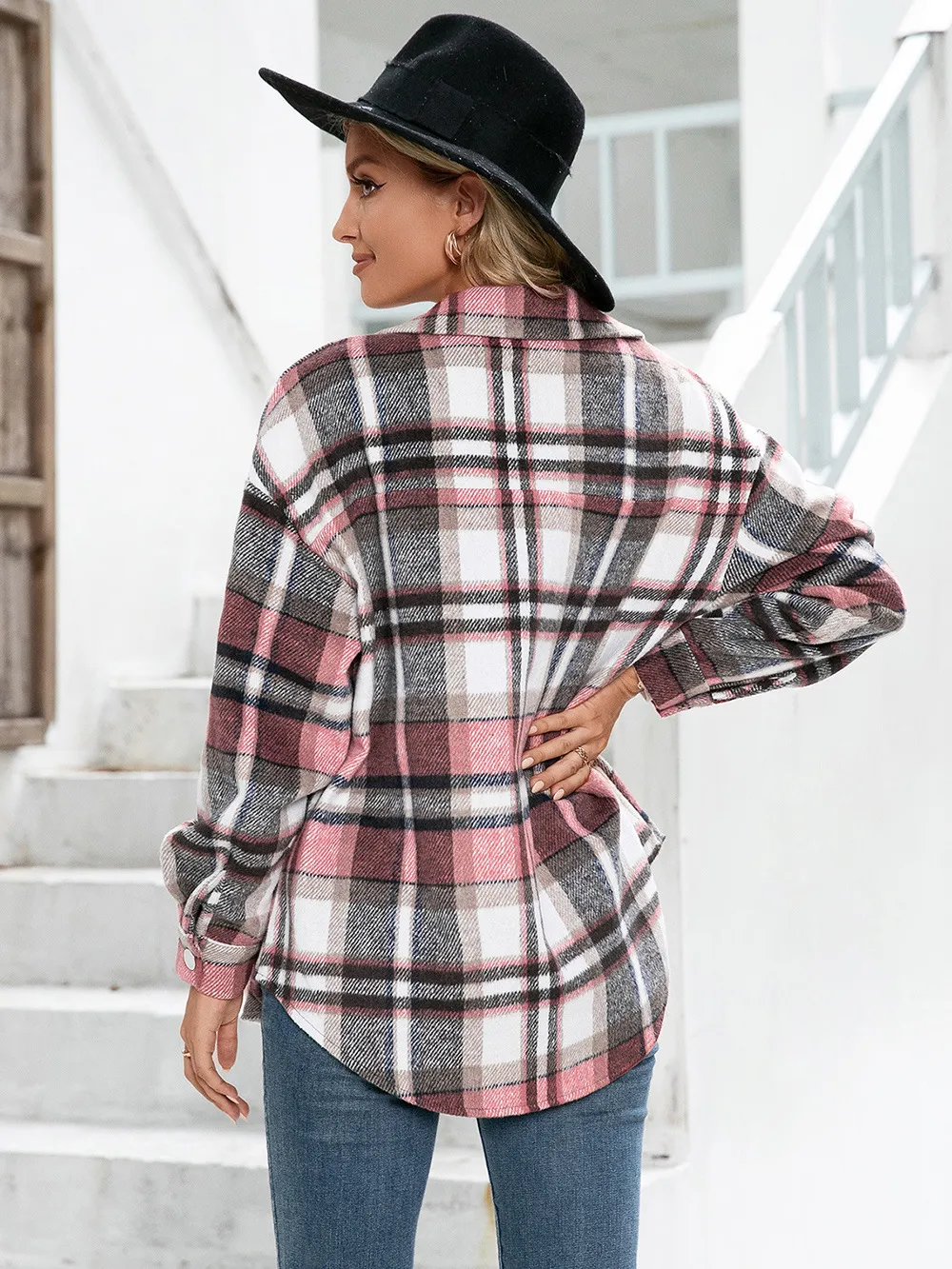 Meet You Outside Plaid Button Down Curved Hem Shacket, image 9