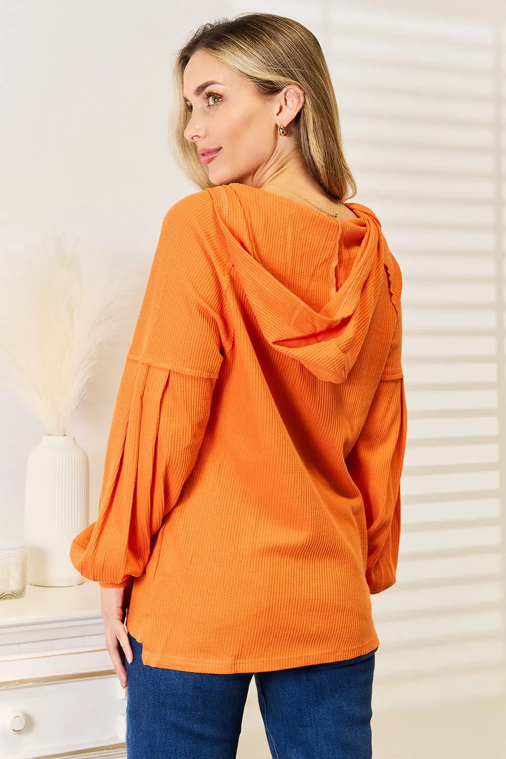 Side Slit Buttoned Waffle Knit Hoodie, image 10