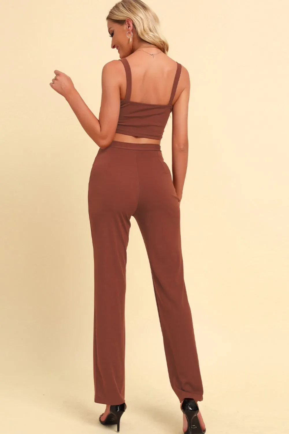 Chain Detail Cropped Cami and Straight Leg Pants Set, image 6