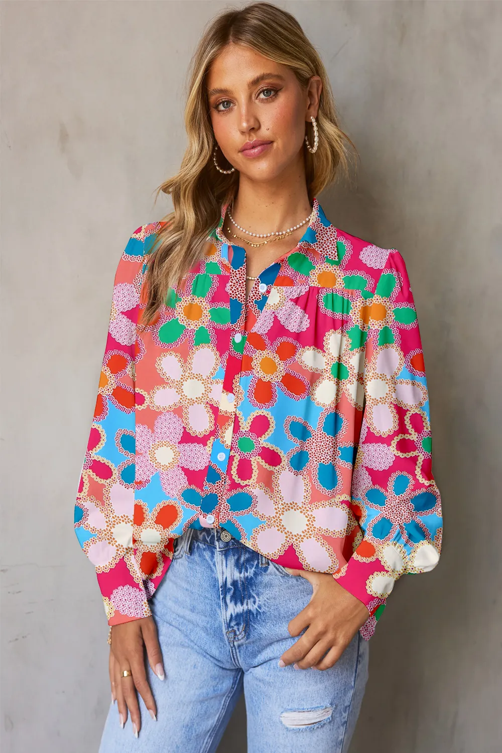 Vibrant Floral Print Lantern Sleeve Button-Down Shirt