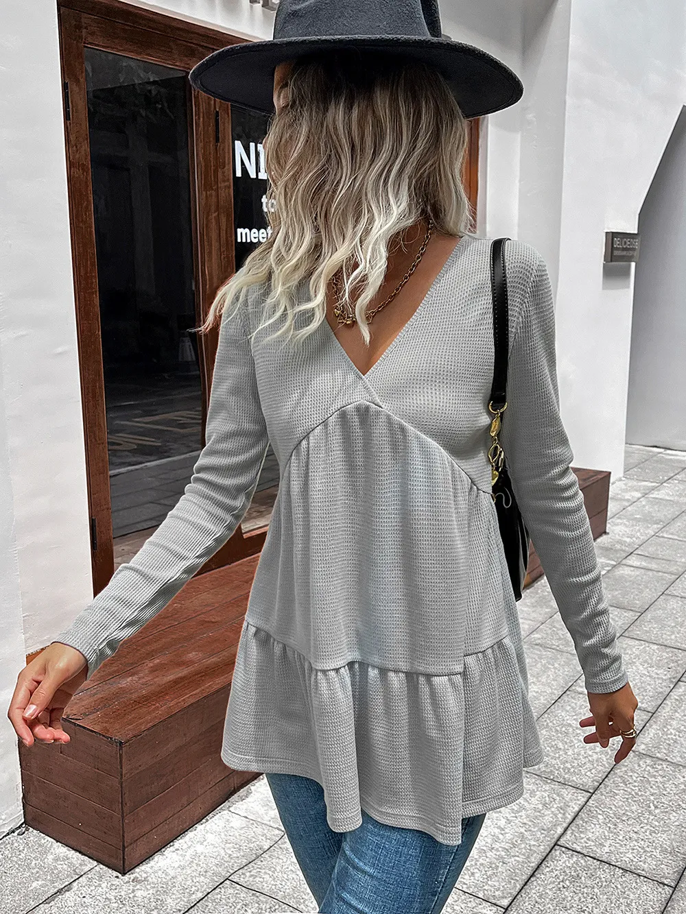 Waffle-Knit V-Neck Long Sleeve Blouse, image 6
