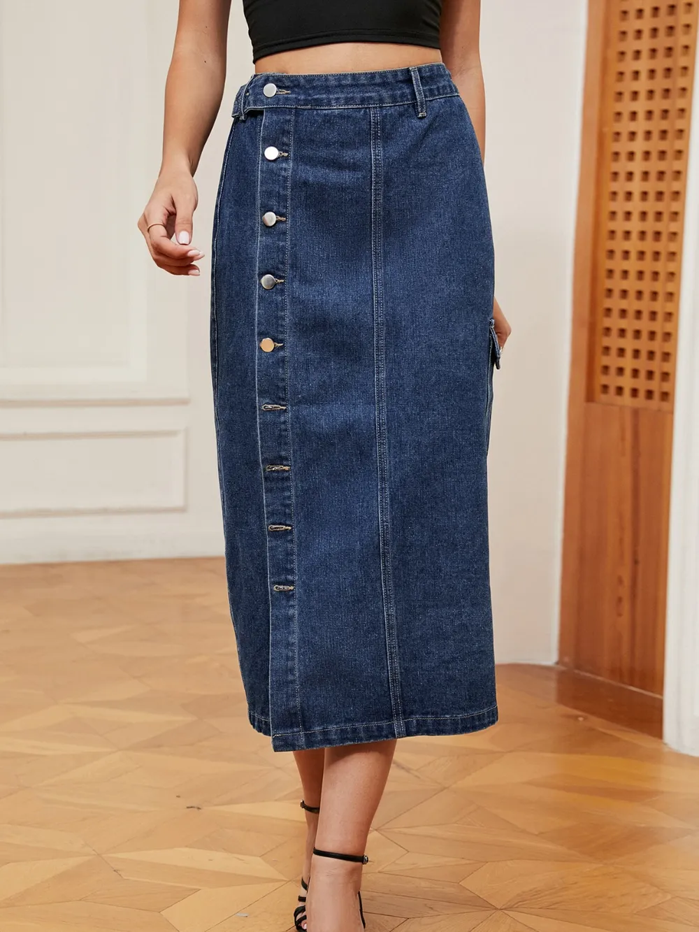 Button Down Midi Denim Skirt, image 10
