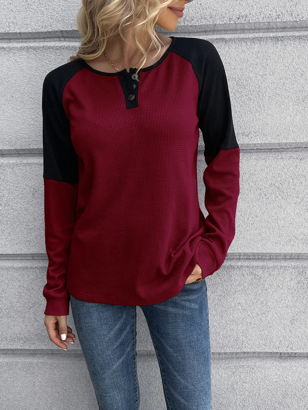 Contrast Buttoned Round Neck Raglan Sleeve Top, image 4