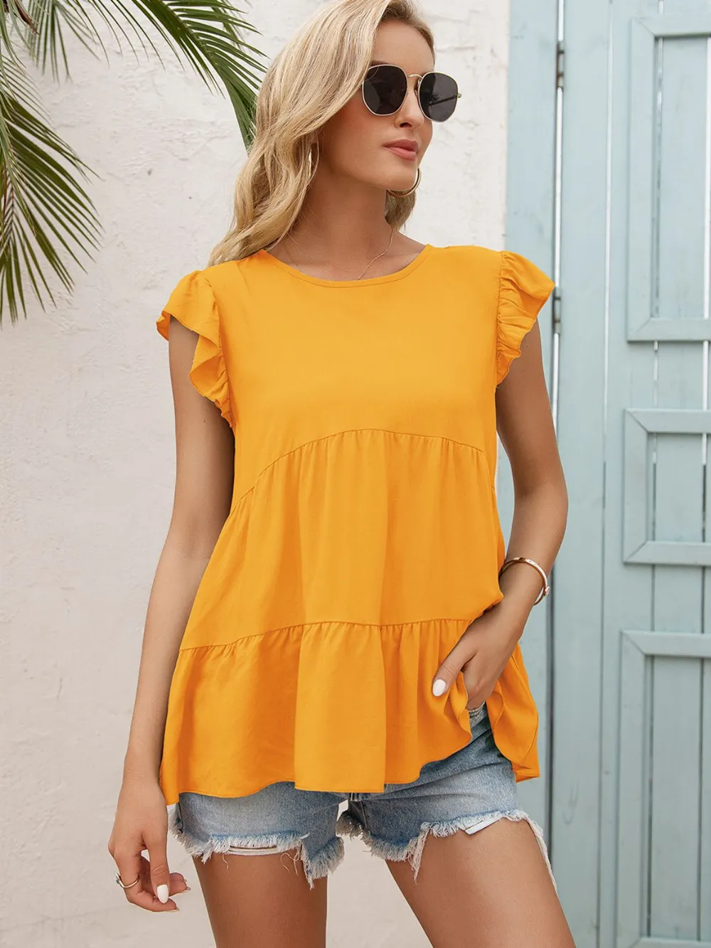 Round Neck Flutter Sleeve Tiered Blouse, image 2