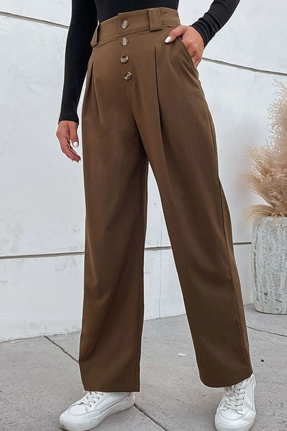 Button-Fly Pleated Waist Wide Leg Pants with Pockets, image 2