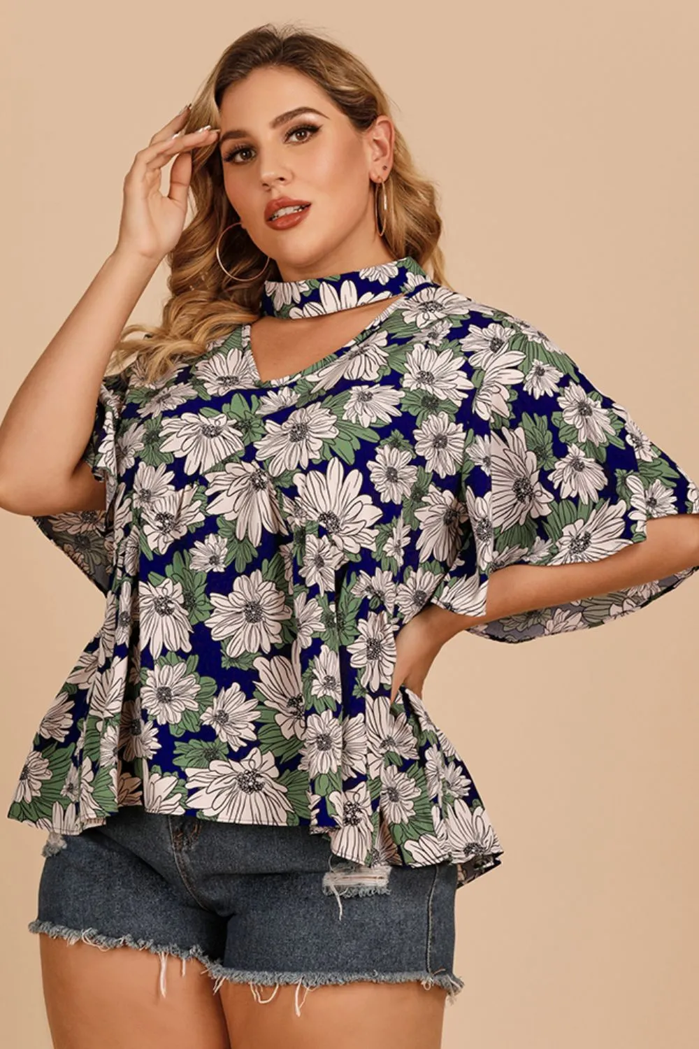 Plus Size Floral Flutter Sleeve Cutout Blouse, image 3