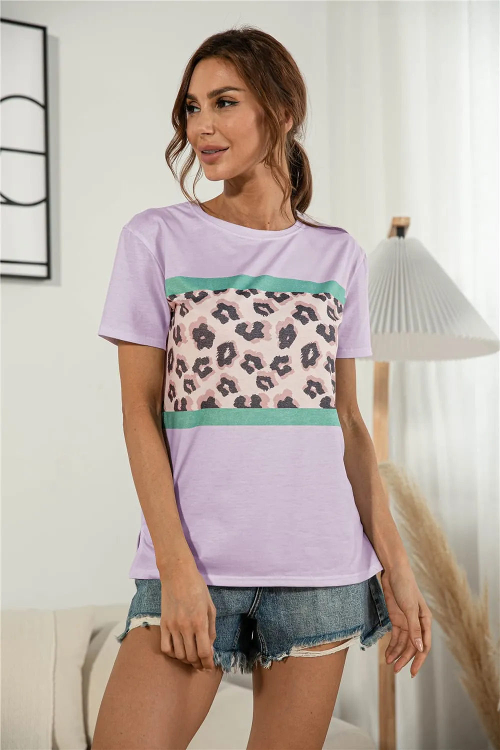 Leopard Color Block Side Slit Tee, image 9