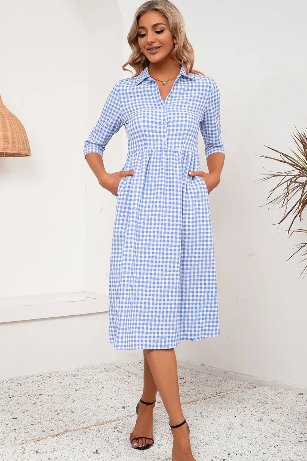 Plaid Collared Neck Midi Dress, image 9