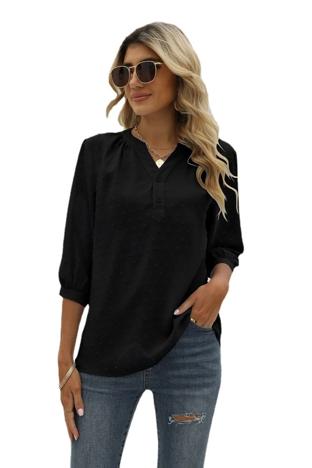 Swiss Dot Notched Neck Three-Quarter Sleeve Blouse, image 10