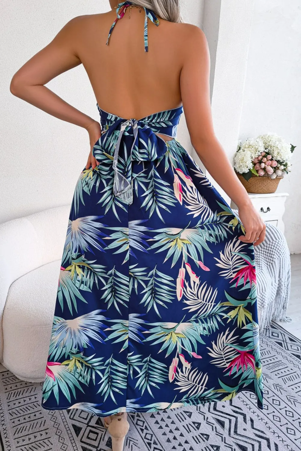 Botanical Print Tied Backless Cutout Slit Dress, image 9