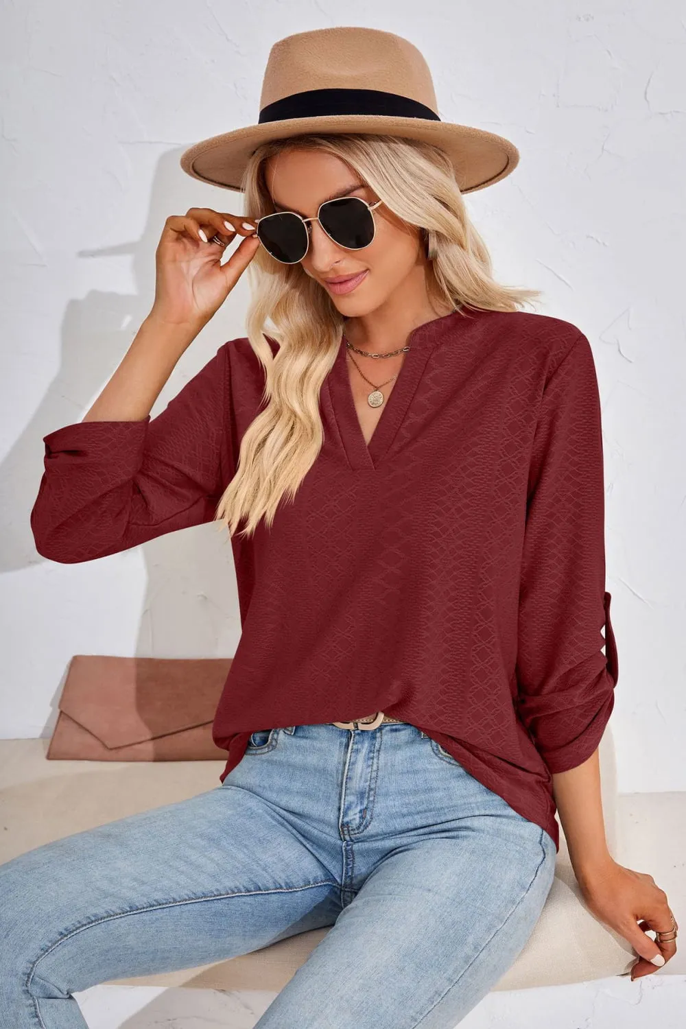 V-Neck Roll-Tap Sleeve Blouse, image 9
