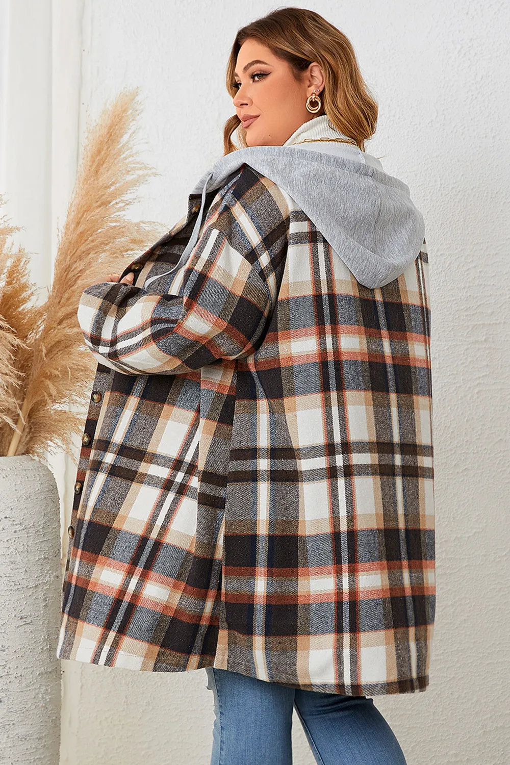 Plus Size Plaid Drop Shoulder Hooded Coat, image 5