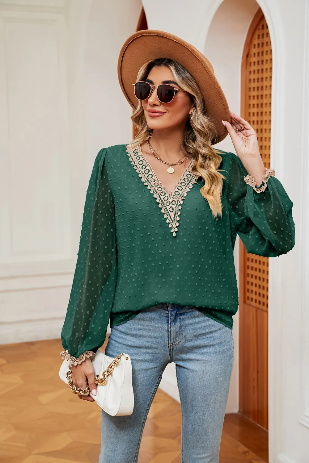 Swiss Dot Contrast V-Neck Blouse, image 14