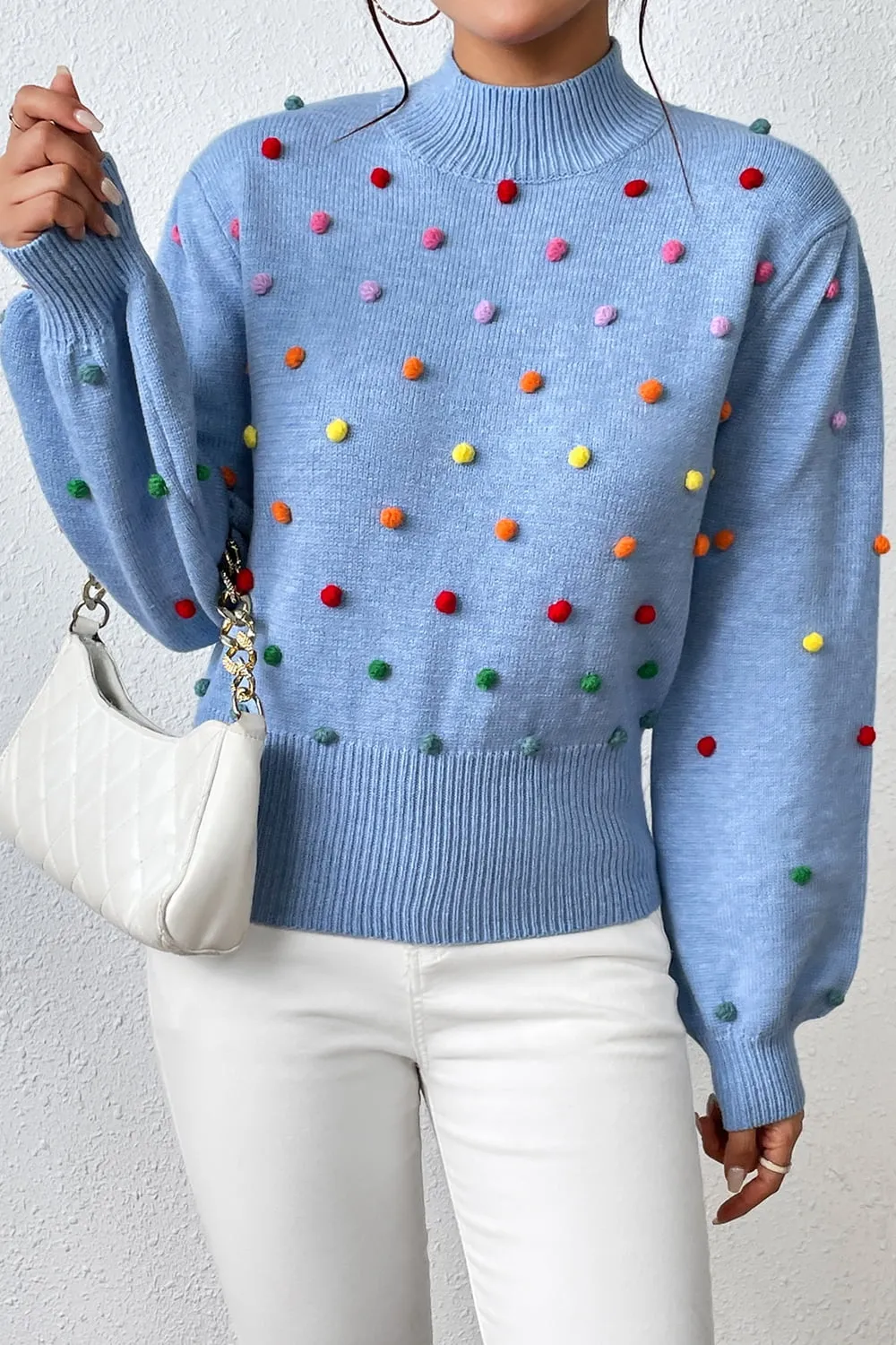 Pom-Pom Trim Mock Neck Long Sleeve Pullover Sweater, image 14