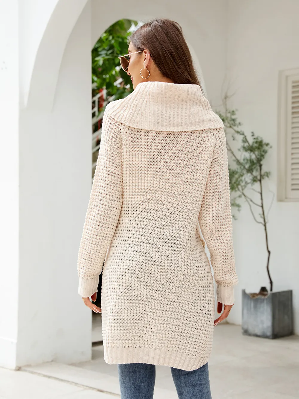 Turtleneck Waffle-Knit Slit Sweater Dress, image 2