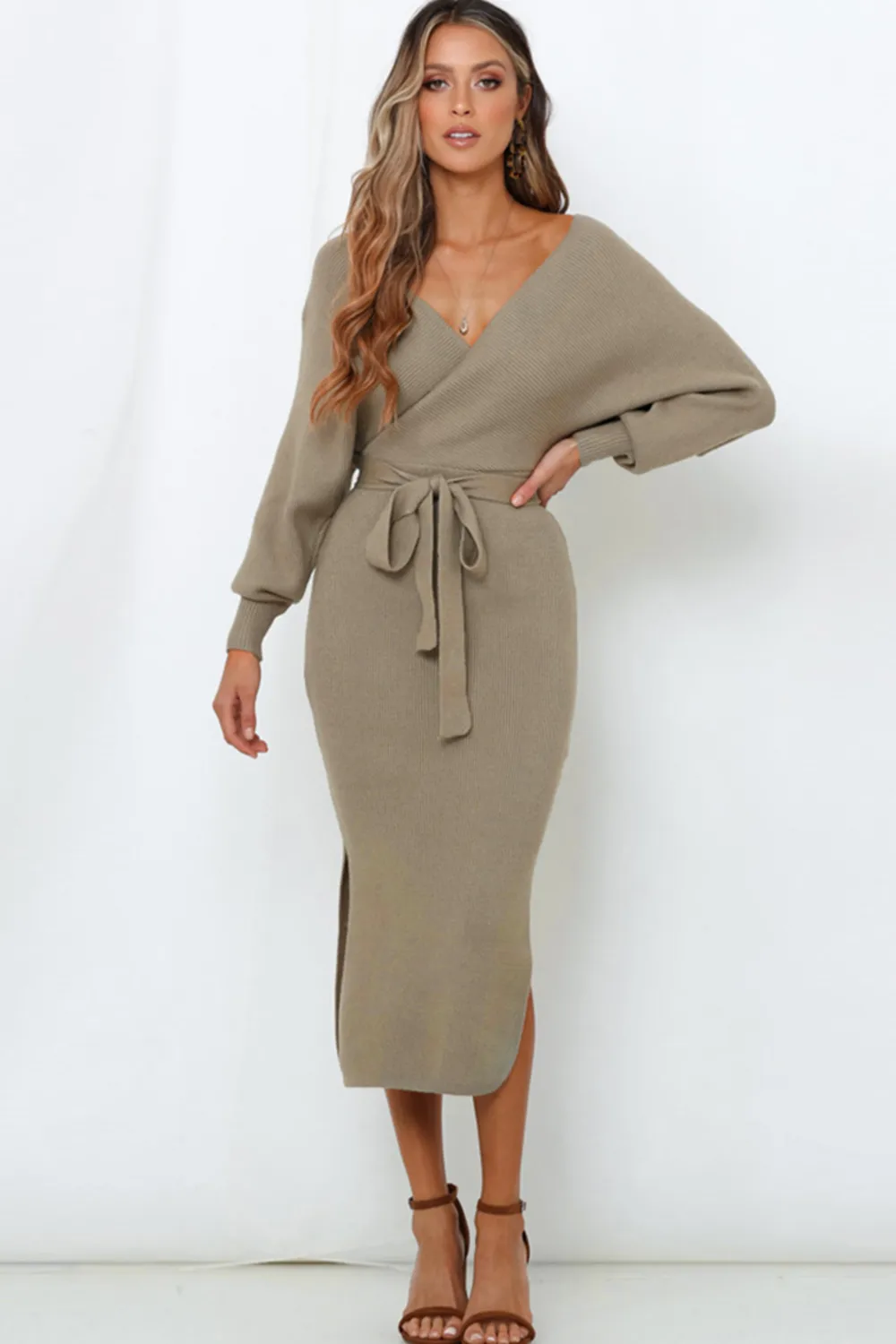 Surplice Neck Bow Waist Slit Sweater Dress, image 13