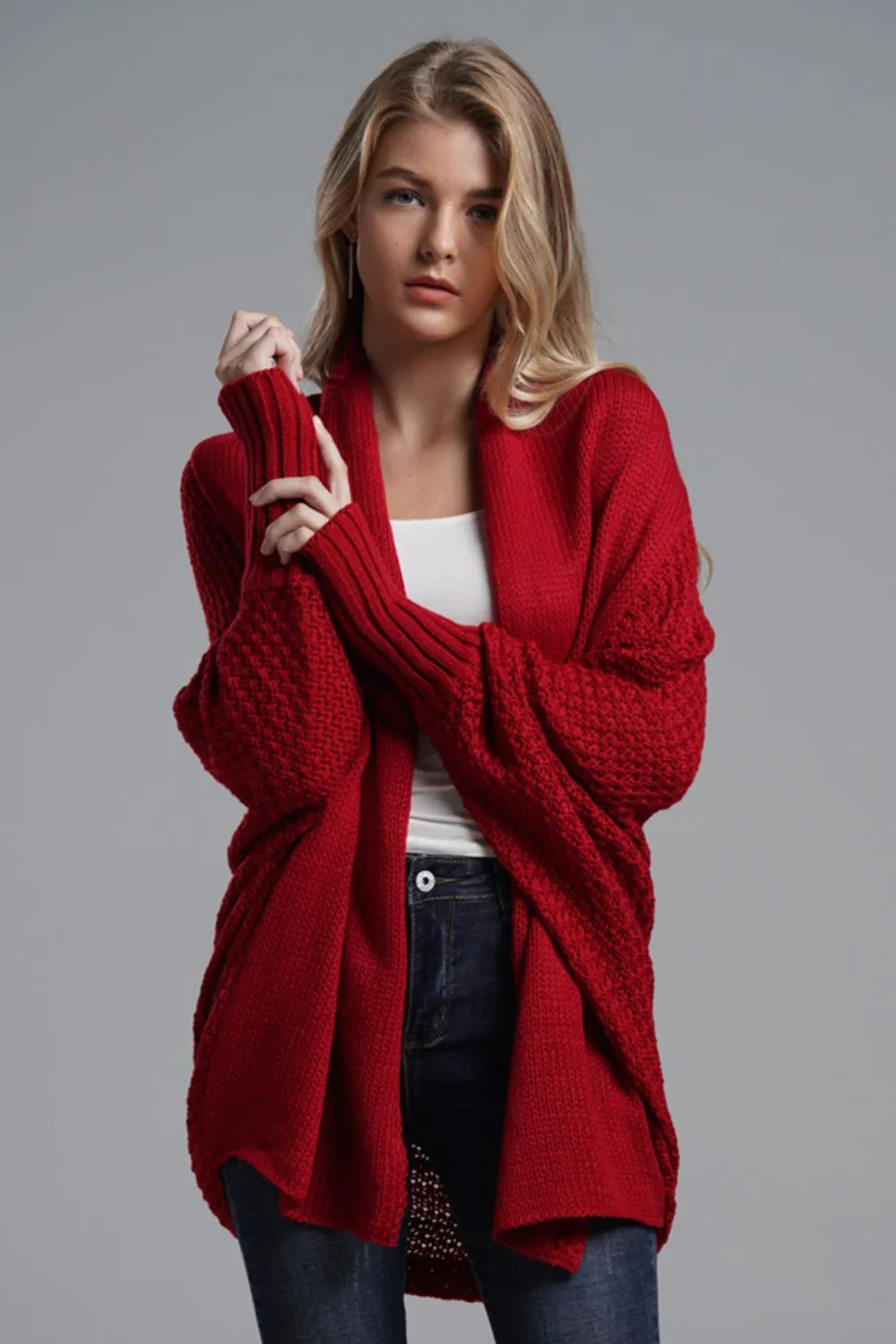 Dolman Sleeve Open Front Ribbed Trim Longline Cardigan, image 11