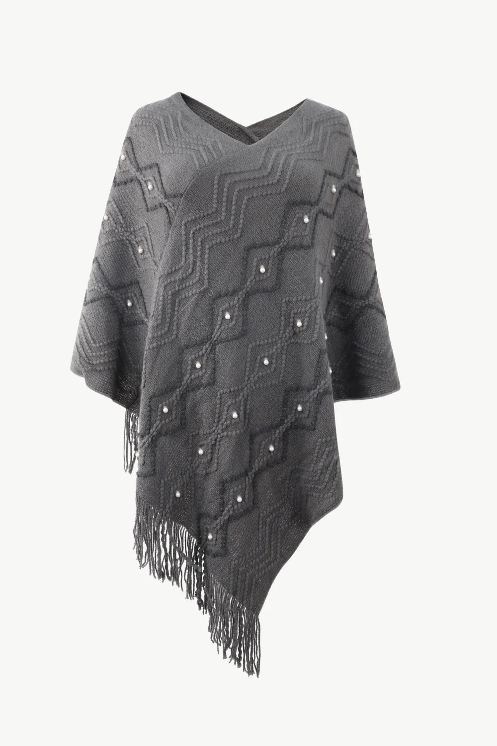 Pearl Trim V-Neck Fringe Hem Poncho, image 10