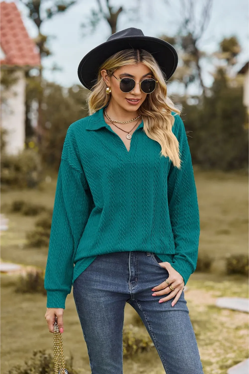 Collared Neck Cable-Knit Long Sleeve Blouse, image 11