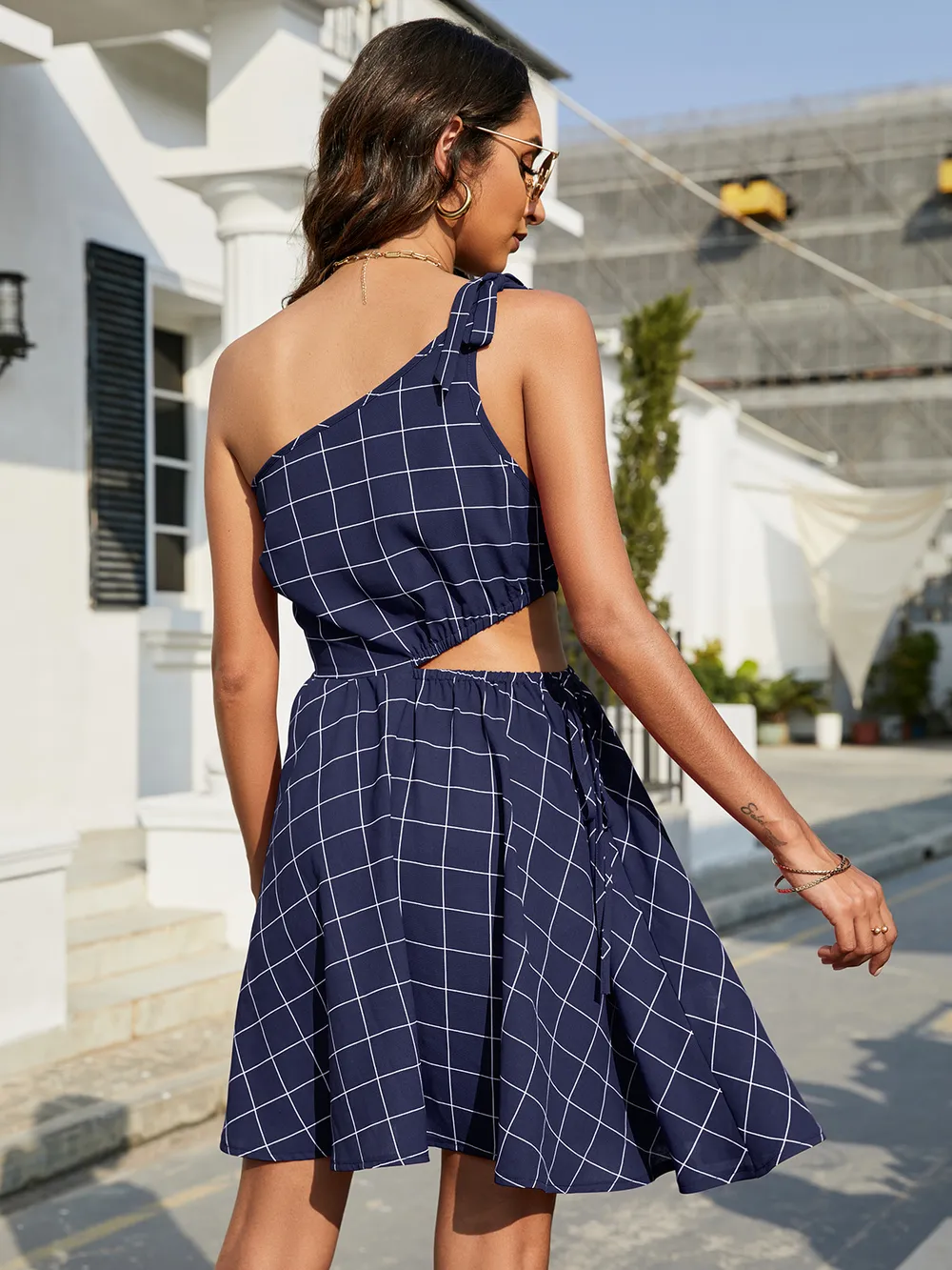 Grid One-Shoulder Tied Cutout Dress, image 2