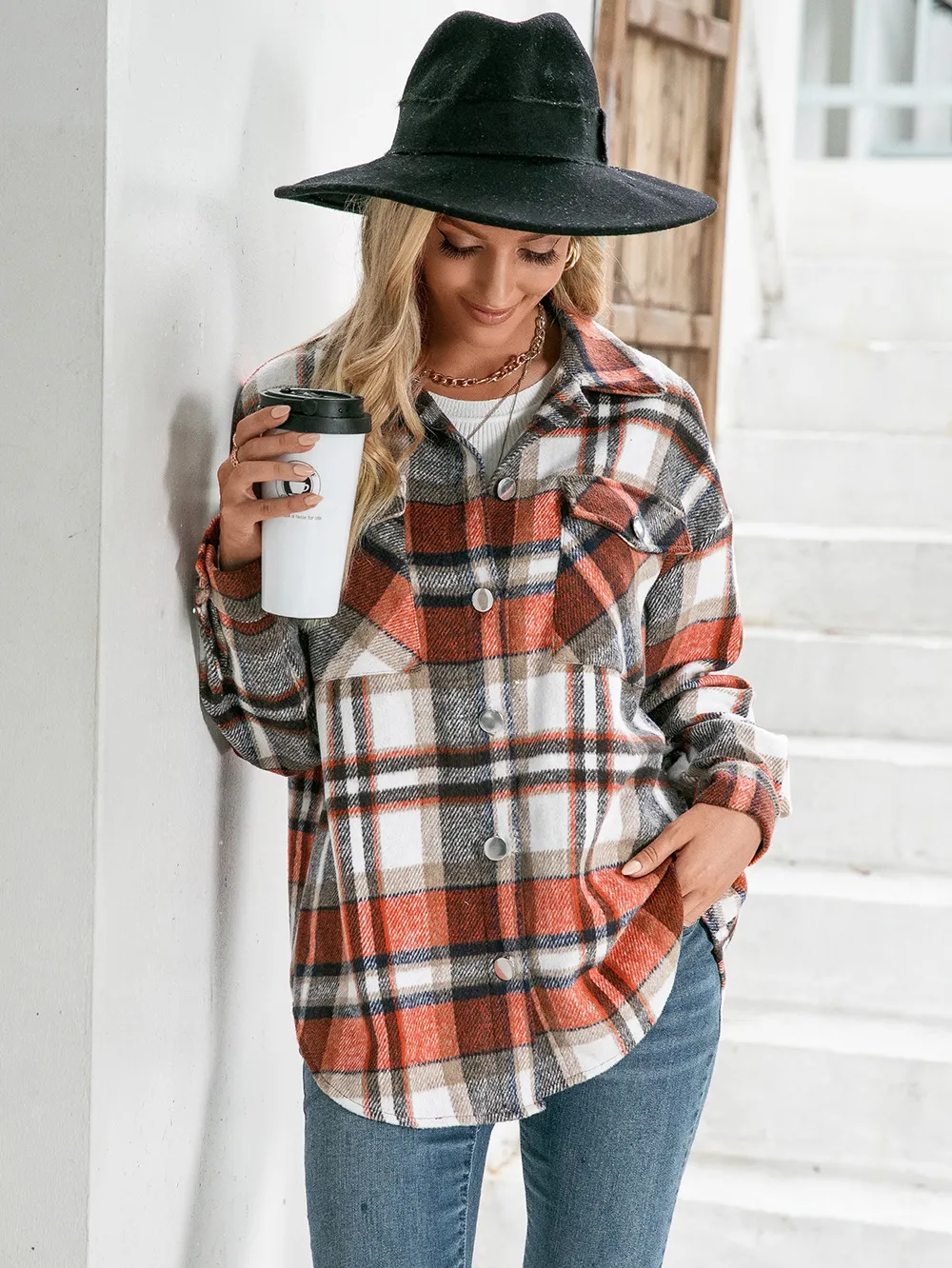Meet You Outside Plaid Button Down Curved Hem Shacket, image 2