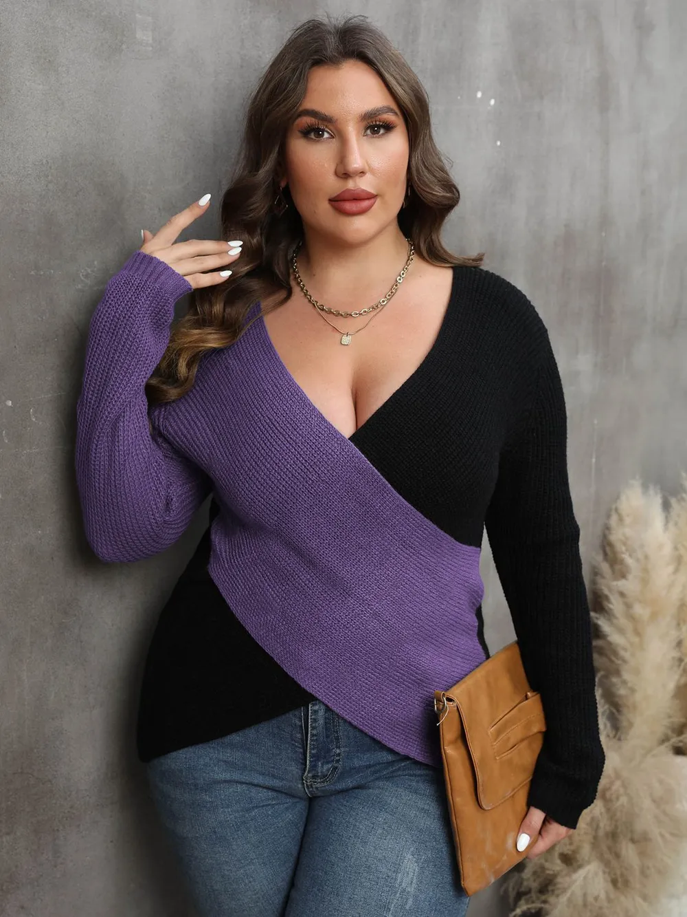 Plus Size Two-Tone Surplice Neck Sweater, image 2