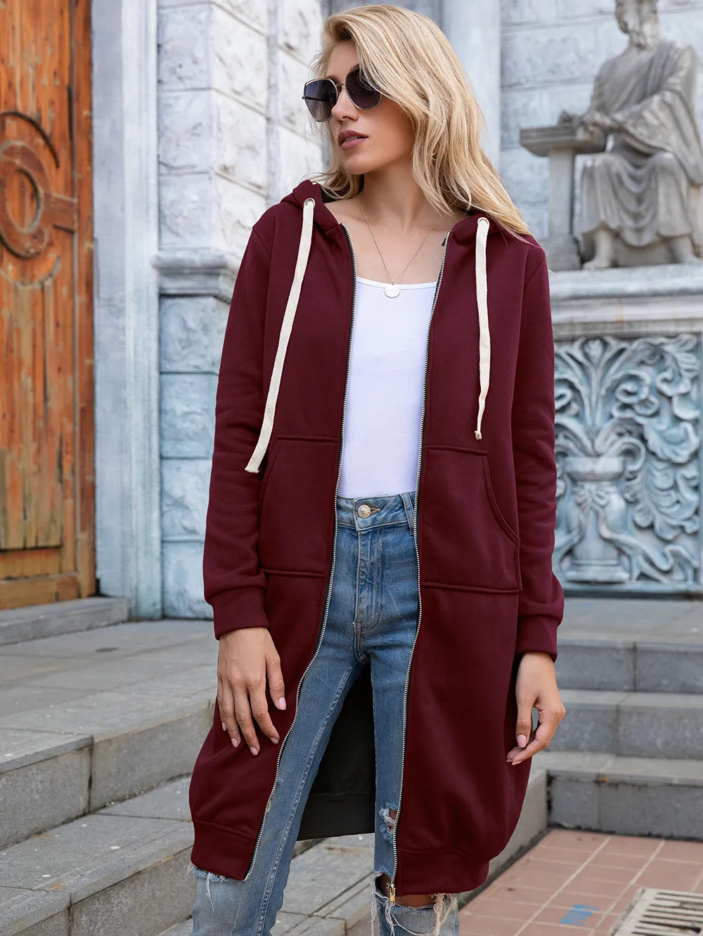 Zip-Up Longline Hoodie with Pockets, image 6