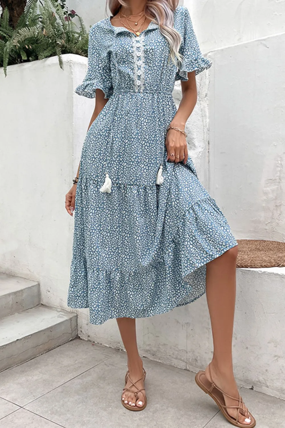 Printed Tassel Tie Flounce Sleeve Dress, image 4