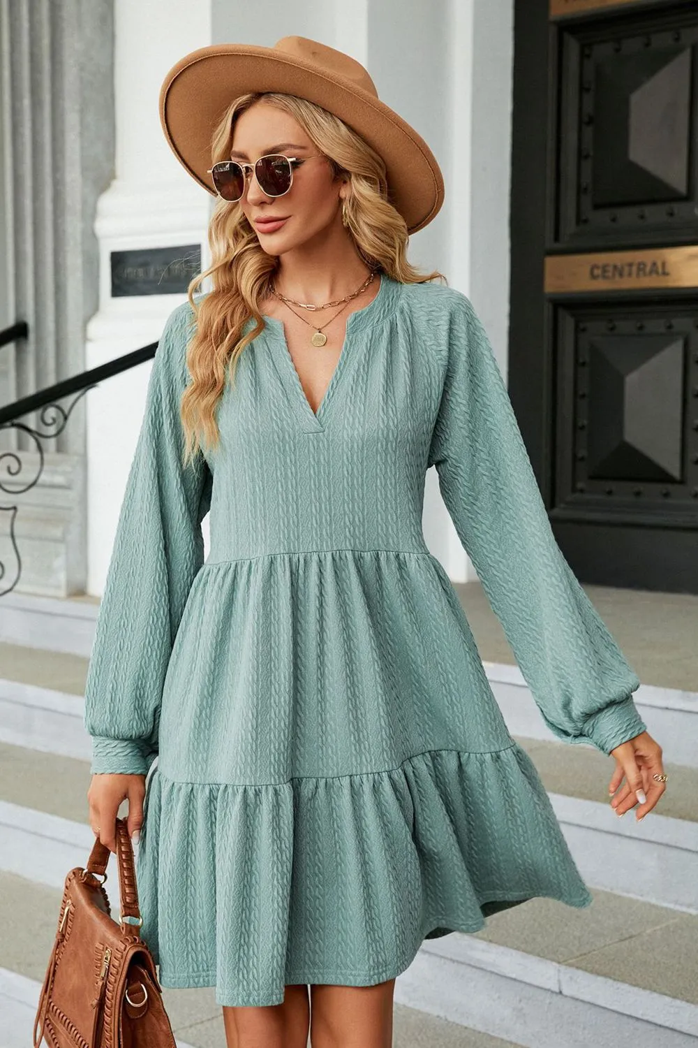 Notched Neck Long Sleeve Mini Dress, image 2