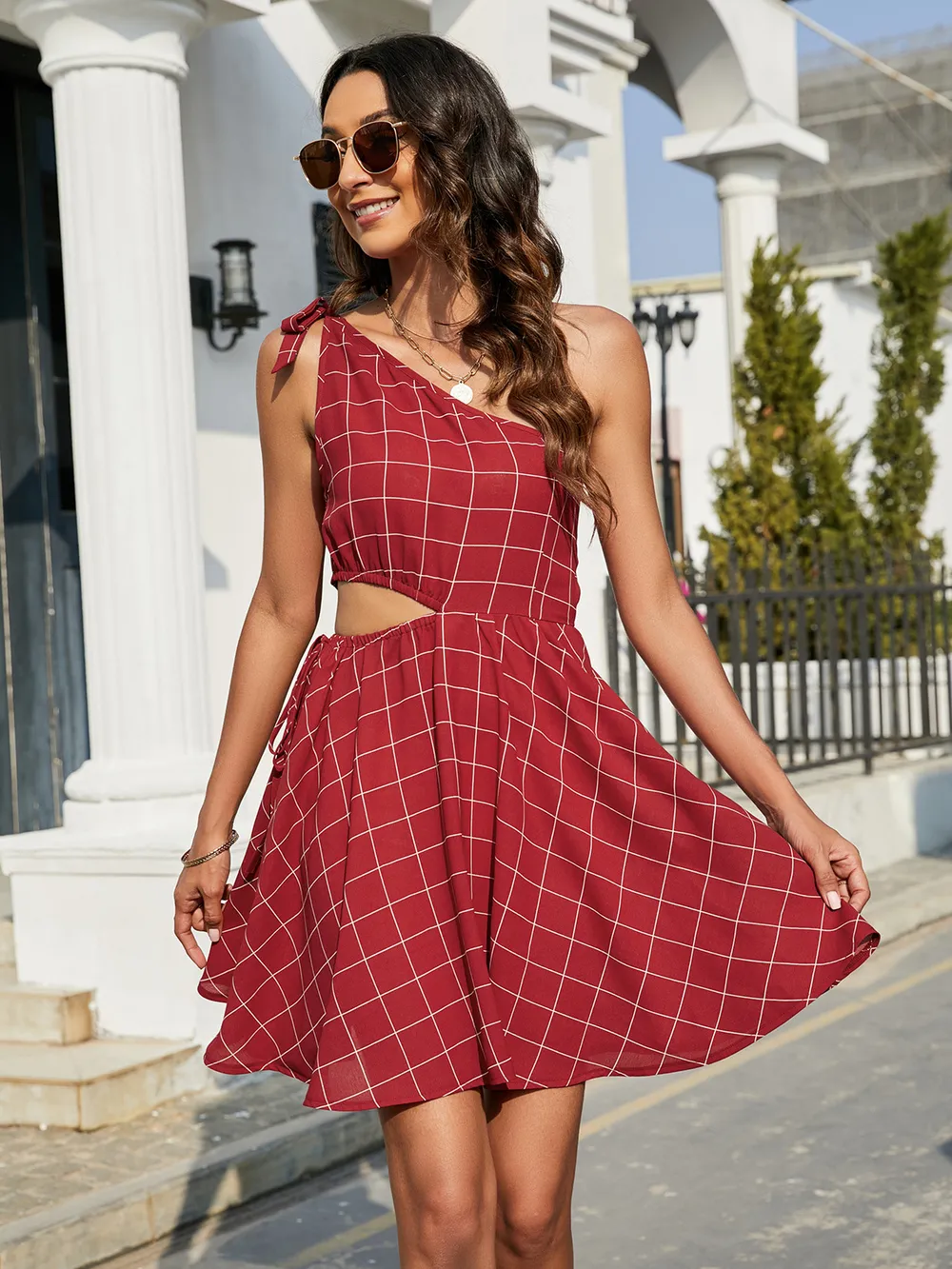 Grid One-Shoulder Tied Cutout Dress, image 9