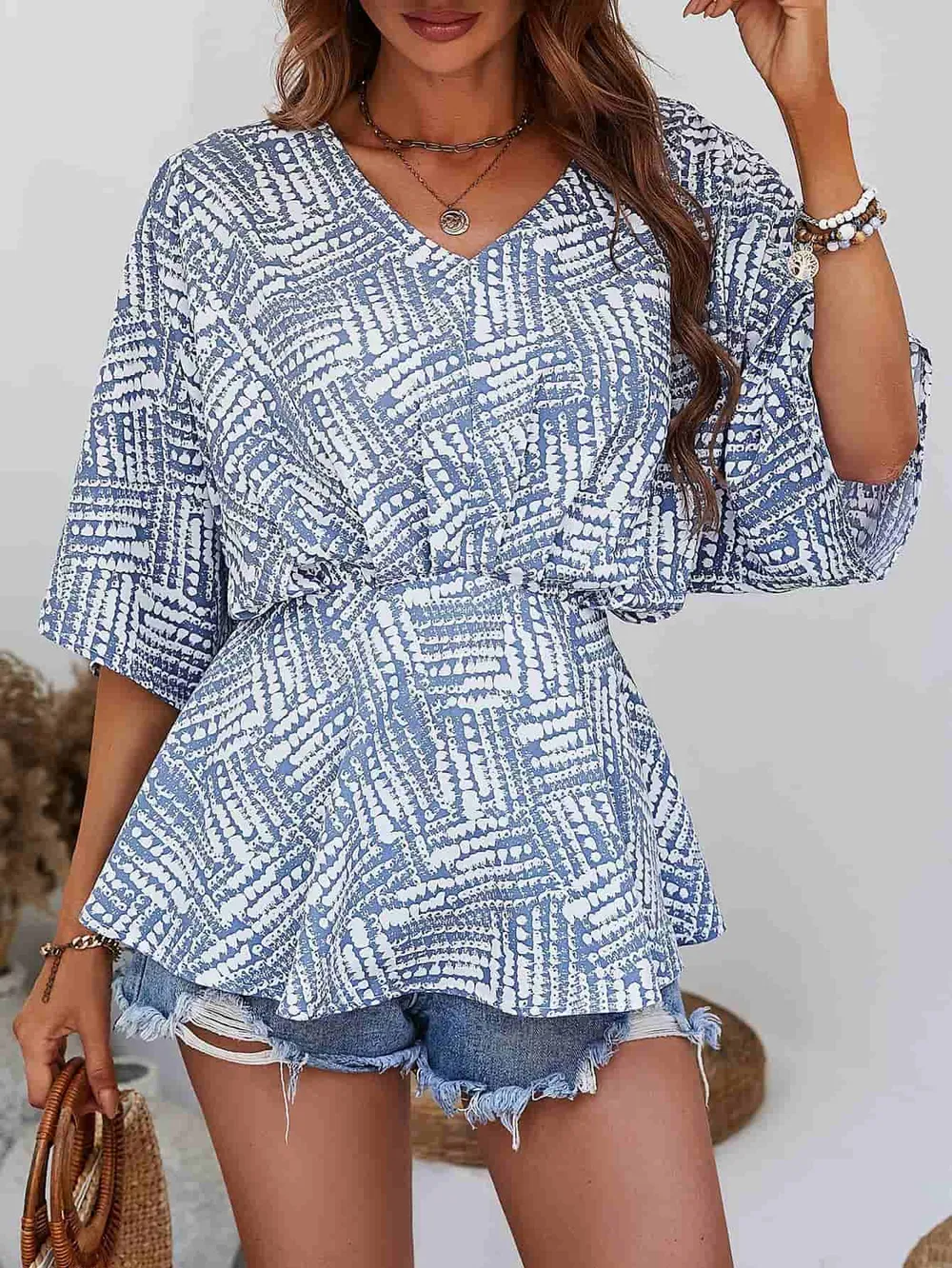 Printed V-Neck Dolman Sleeve Blouse, image 11