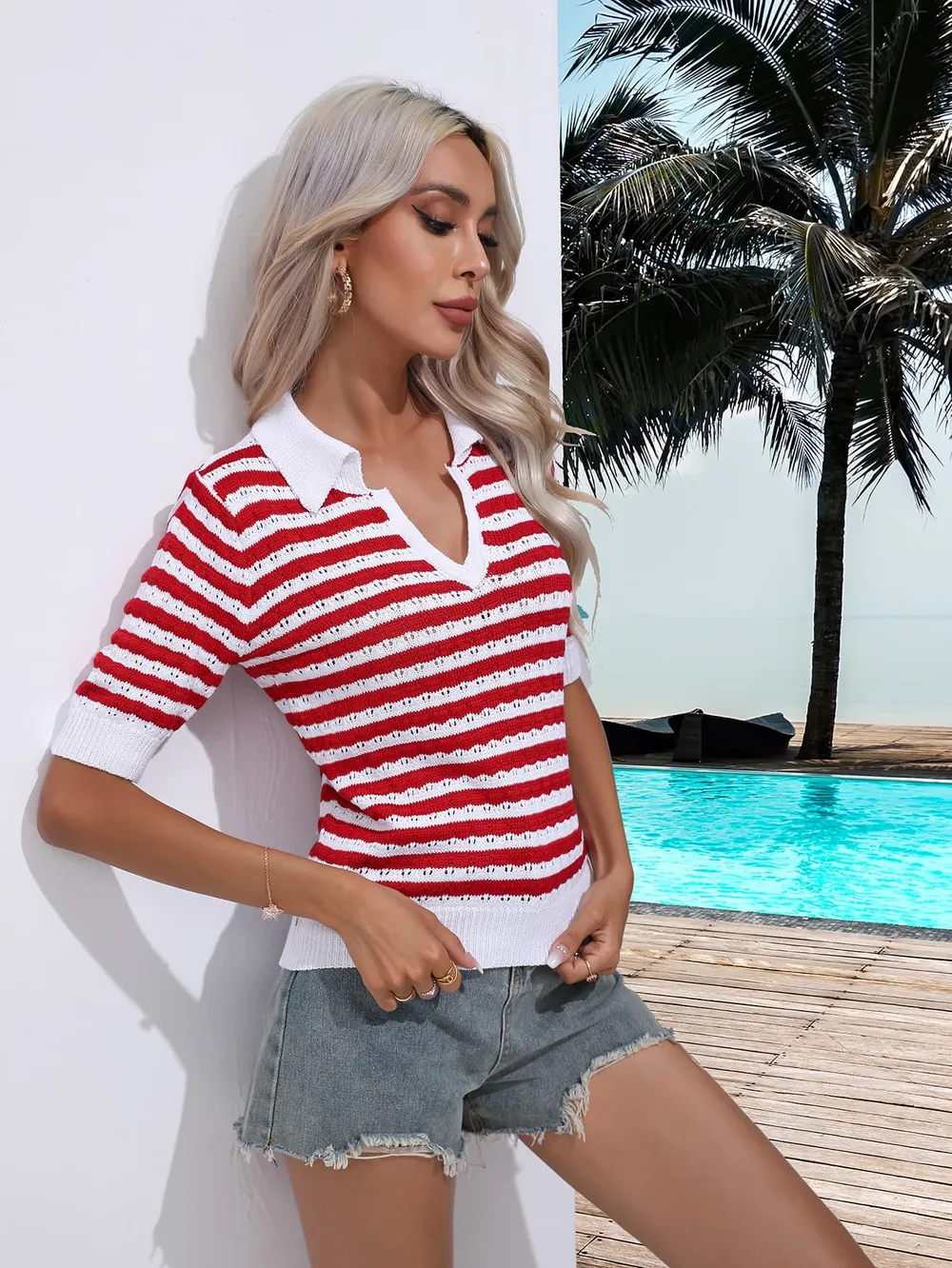 Striped Johnny Collar Half Sleeve Knit Top, image 4