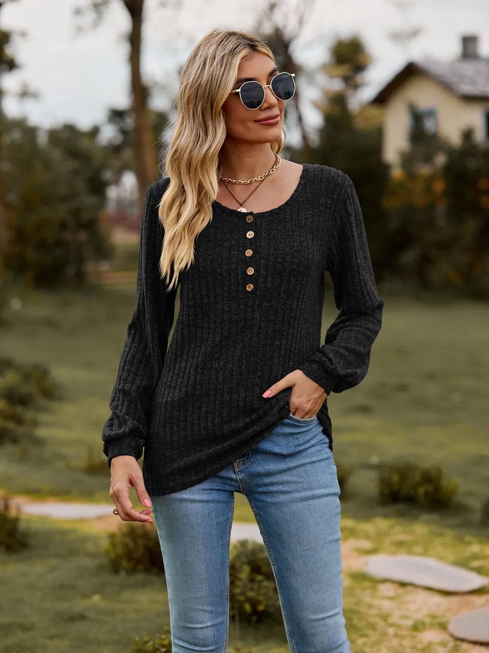 Round Neck Button-Down Long Sleeve Tee, image 18