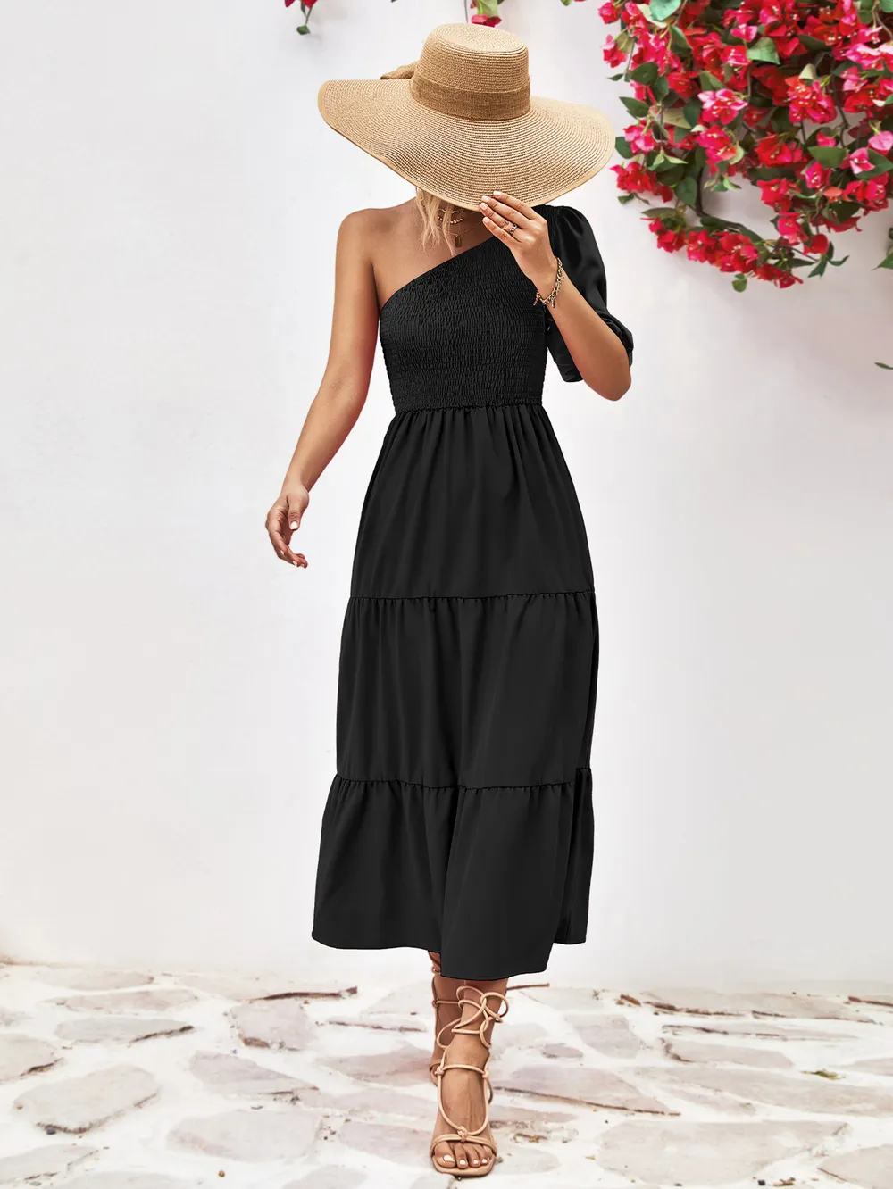 Smocked One-Shoulder Midi Dress, image 15