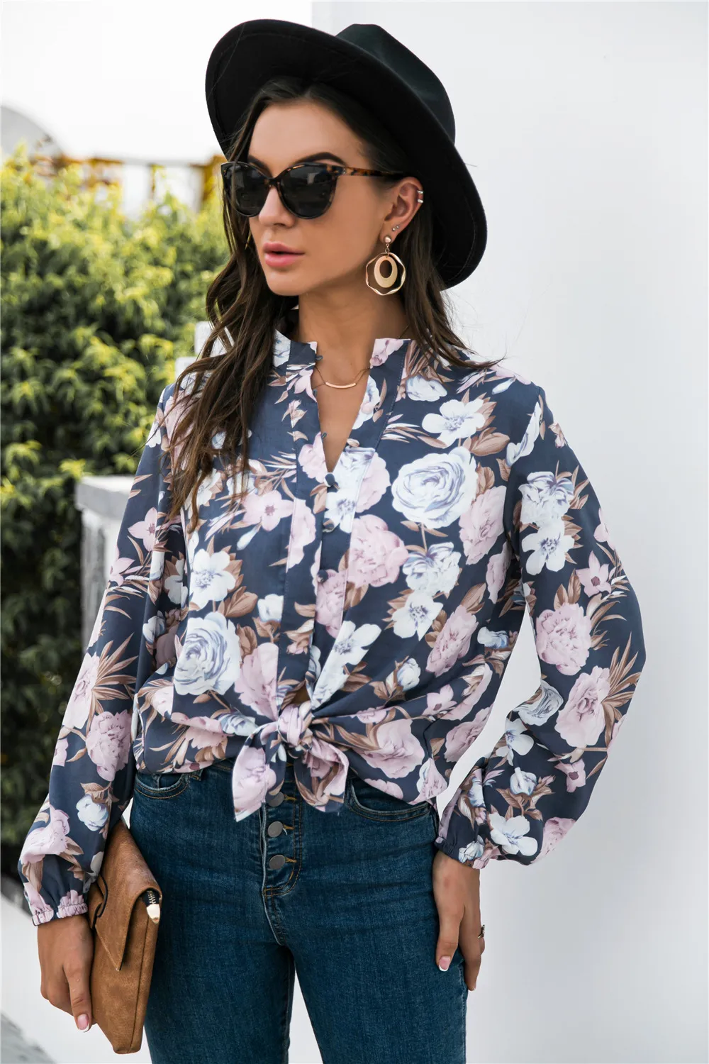 Floral Print Mock Neck Button Front Shirt, image 4