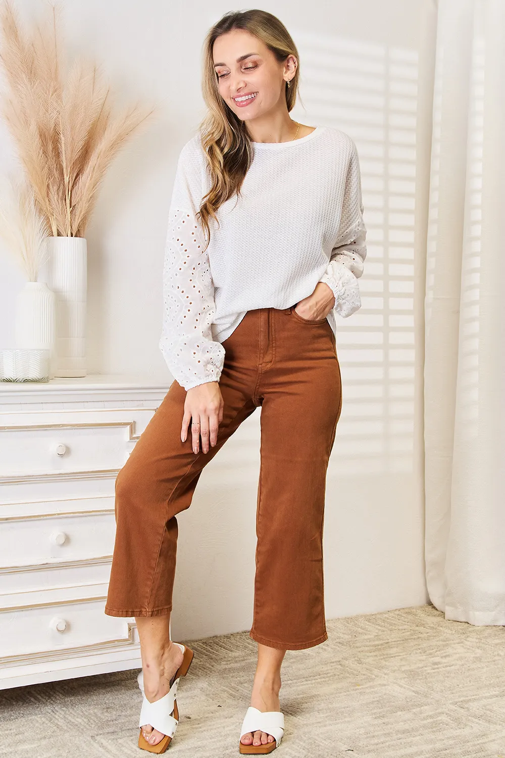 Eyelet Dropped Shoulder Round Neck Blouse, image 9