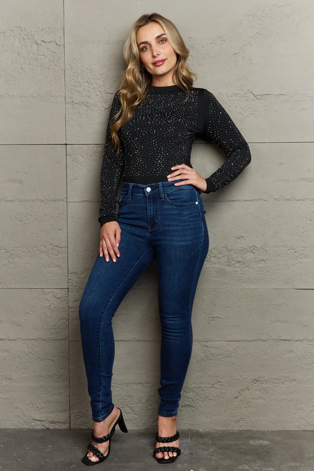 Rhinestone Round Neck Long Sleeve Bodysuit, image 4