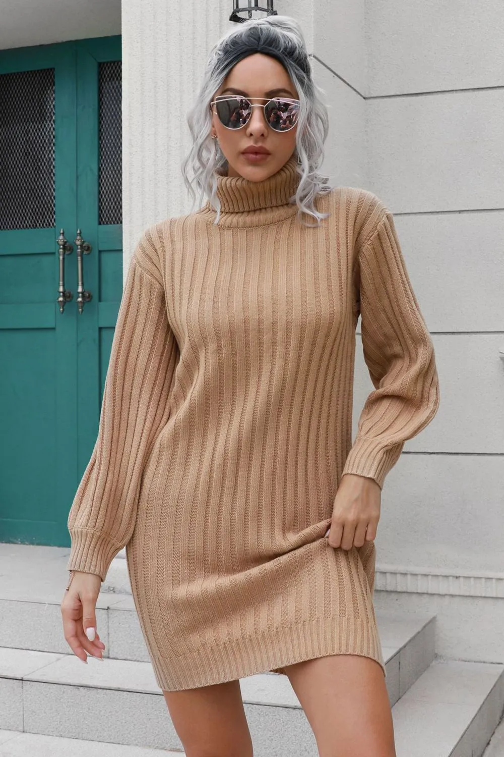 Ribbed Turtle Neck Long Sleeve Mini Sweater Dress, image 8