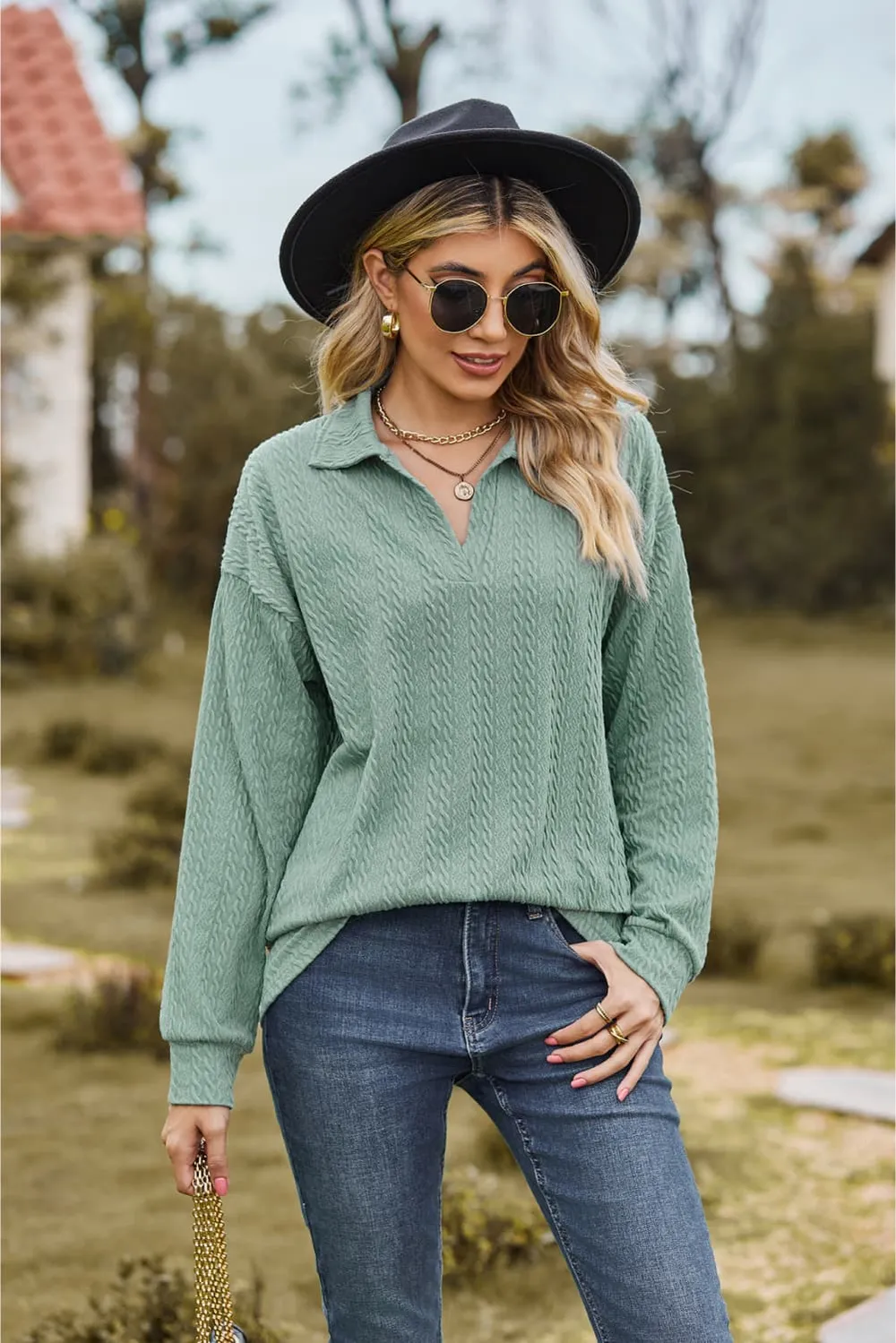 Collared Neck Cable-Knit Long Sleeve Blouse, image 2