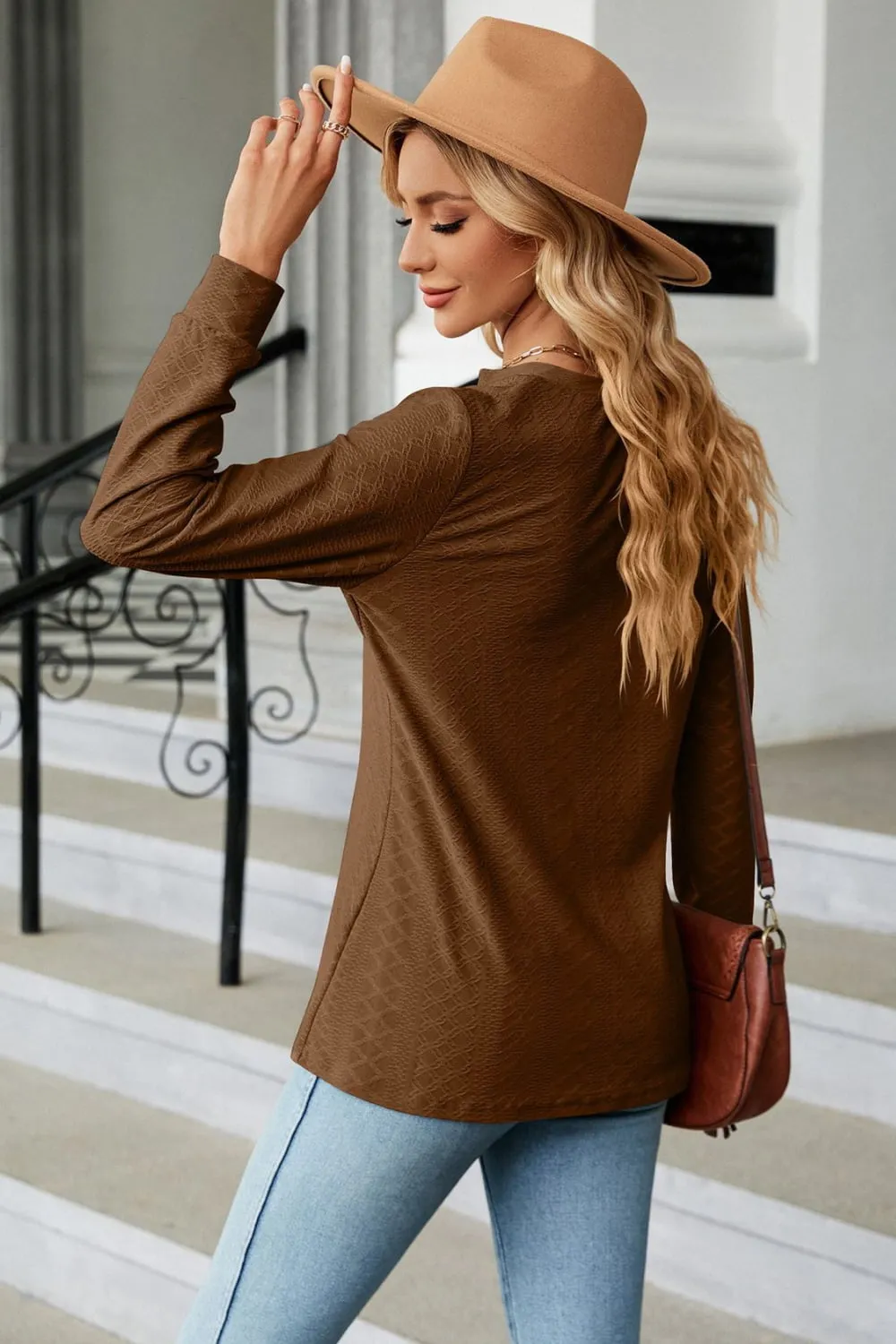 Notched Neck Long Sleeve Buttoned Blouse, image 18
